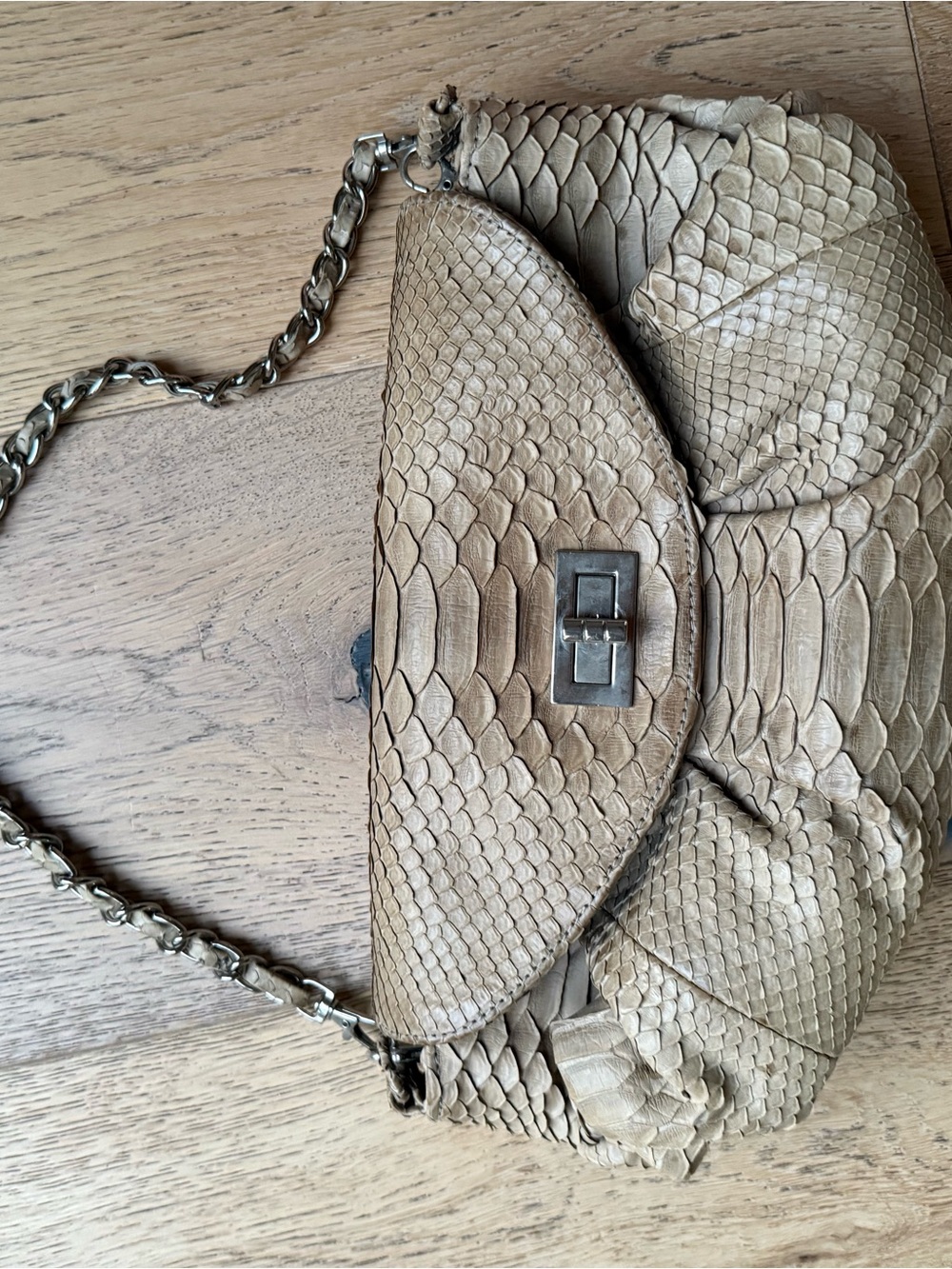 Beige real Python Chain Shoulder Bag